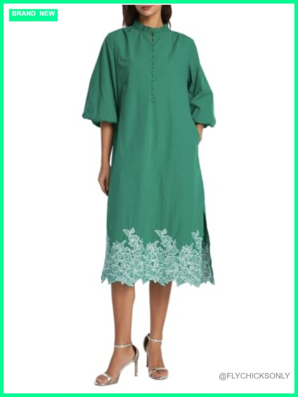 Womens Midi Summer Dress 3/4 Sleeve V Neck Button Cotton Embroidered Flowy